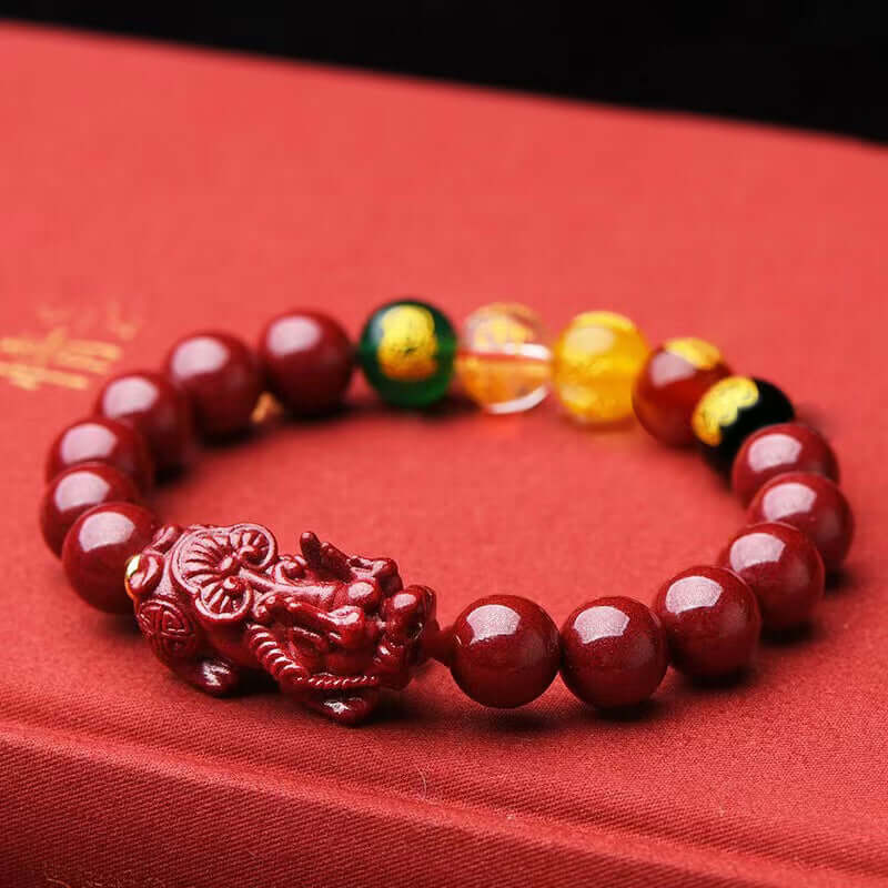 Five-way Gods of Wealth Bracelet with Pixiu and Cinnabar beads for attracting extreme wealth fortune through feng shui principles.